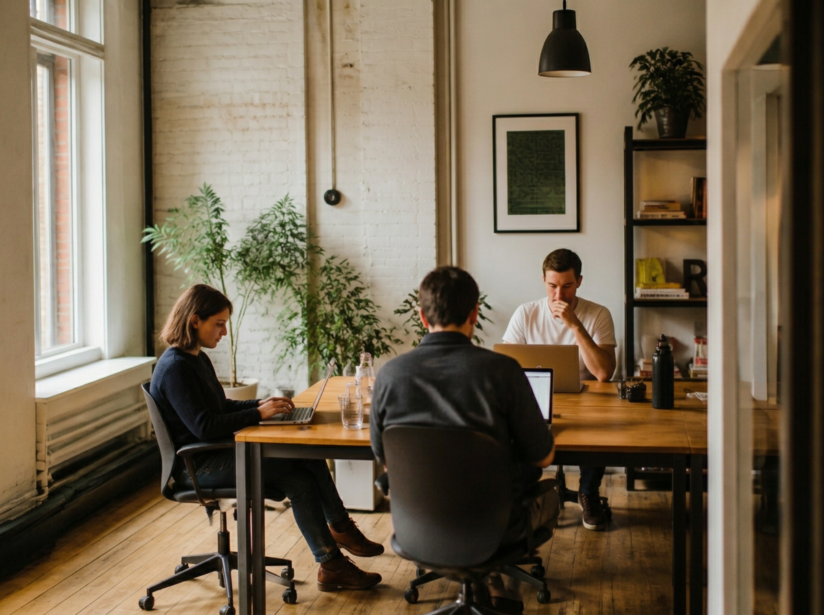 A small startup team working in a light-filled loft office